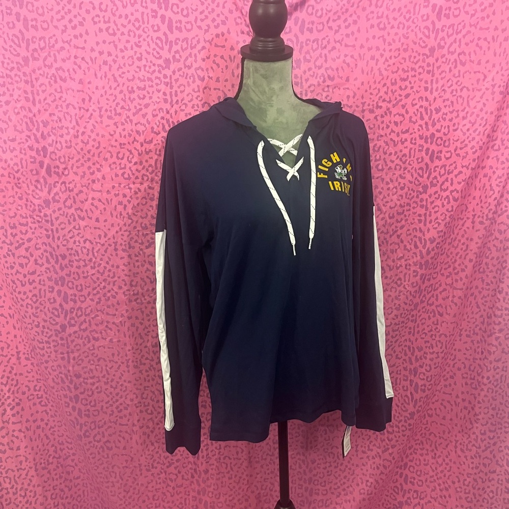 Navy Lightweight Notre Dame Hoodie with White Stripes and Yellow Logo